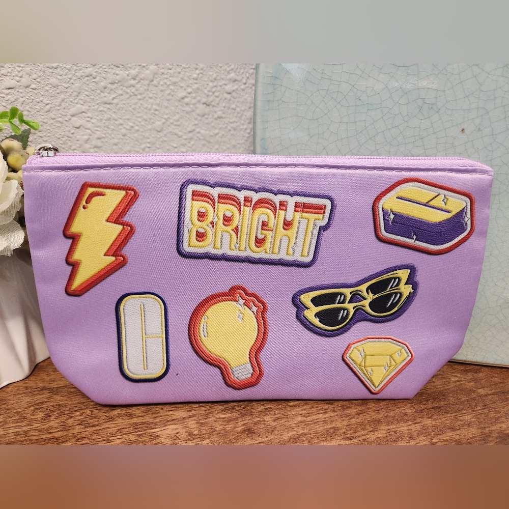 Purple Pouch with Fun Patches 9x5x2.5 New